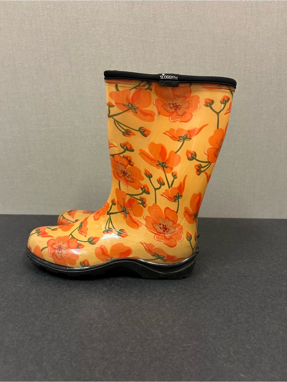 Sloggers Size 6 Women's Orange Floral Rain / Orange Boots Mid-Calf